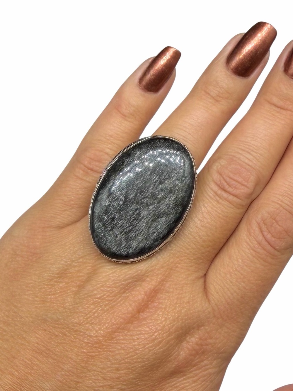 Silver Sheen Obsidian Ring Size 9 925 Sterling Silver Overlay